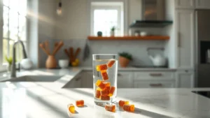 A minimalist lifestyle scene showing a woman in a bright, modern kitchen holding a clear glass of water with CBD gummies on a marble counter, morning sunlight streaming through windows, calm and wellness-focused atmosphere