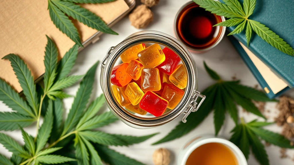 Close-up overhead shot of premium CBD gummies in a sleek glass jar surrounded by fresh hemp leaves and wellness items like journals and herbal tea, natural lighting, lifestyle photography style