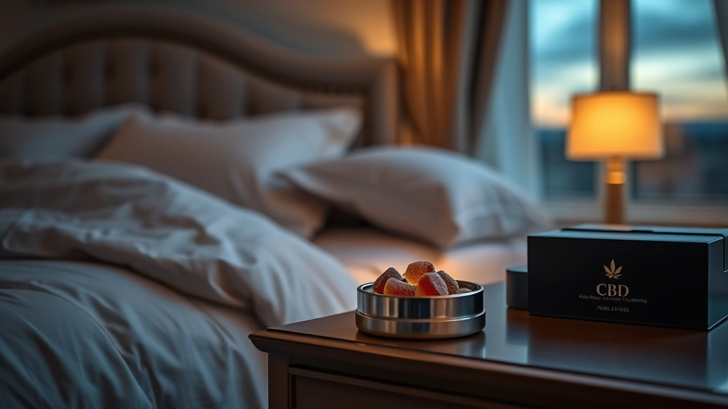 A peaceful bedroom scene at dusk with soft lighting, showing a nightstand with CBD gummies in an elegant container, comfortable bedding, and calming décor suggesting sleep and relaxation