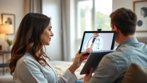 Serene woman in modern home receiving telehealth consultation with male nephrologist on tablet screen, warm natural lighting, peaceful bedroom background, professional yet comfortable atmosphere