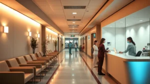 Modern hospital corridor with warm lighting, comfortable seating areas, and welcoming reception desk with diverse staff members assisting patients in professional medical environment