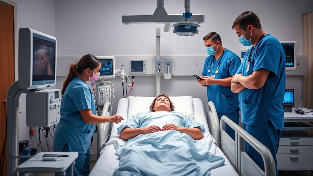 Medical professionals in scrubs collaborating around patient bedside with advanced monitoring equipment, displaying teamwork and expertise in contemporary hospital setting