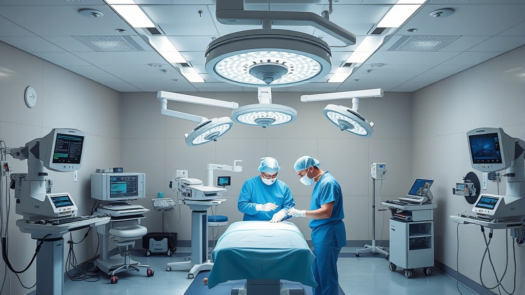 State-of-the-art surgical operating room with modern equipment, bright overhead lights, and surgical team members positioned around operating table during procedure