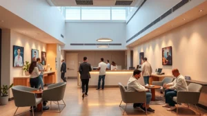 Modern medical clinic reception area with warm lighting, comfortable seating, diverse patients checking in, professional staff at desk, clean contemporary design, welcoming atmosphere, daytime natural light