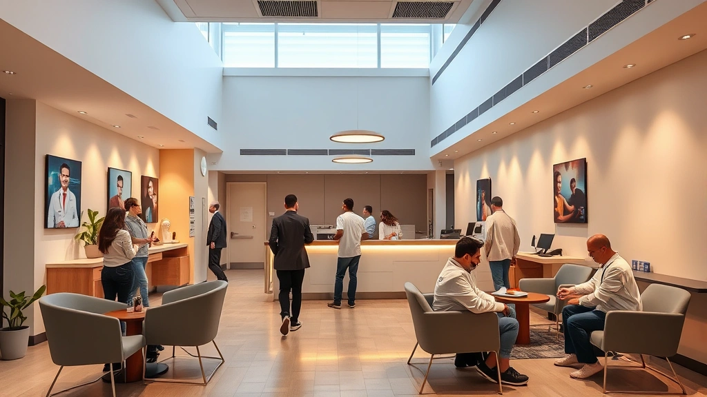 Modern medical clinic reception area with warm lighting, comfortable seating, diverse patients checking in, professional staff at desk, clean contemporary design, welcoming atmosphere, daytime natural light