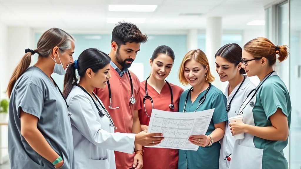 Group of healthcare professionals in scrubs collaborating around patient chart, diverse team including doctors and nurses, bright clinic interior, modern medical facility setting, focused on patient care