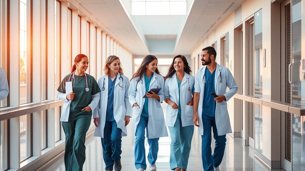 Diverse healthcare professionals in modern hospital corridors wearing scrubs and white coats, collaborating and walking together, warm natural lighting through large windows, contemporary medical facility architecture