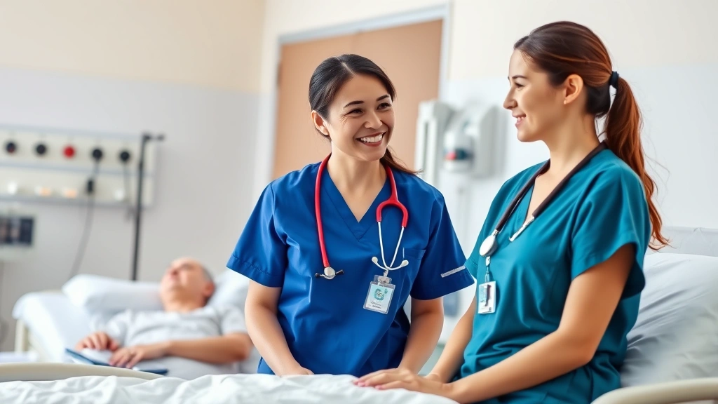 Nurse mentoring younger nursing student at patient bedside in modern hospital room, both wearing professional attire, patient in background, warm compassionate interaction, clinical equipment visible, natural daylight