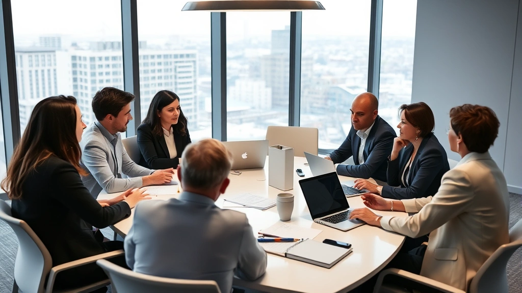Professional development workshop with healthcare administrators and clinical leaders in modern conference room, engaged discussion around table with laptops and documents, diverse group, contemporary office environment with city views