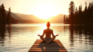 Serene lakeside sunset with calm water reflecting golden light, peaceful person sitting on wooden dock in meditation pose, surrounded by tall evergreen trees and distant mountains, warm golden hour lighting, photorealistic landscape
