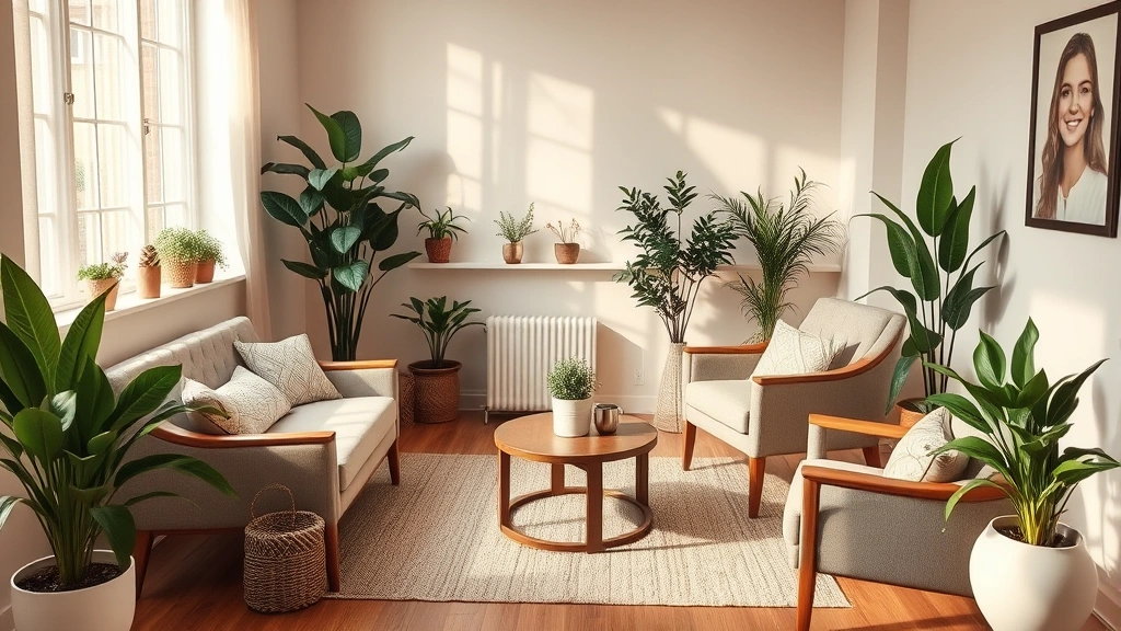 Serene therapy office with warm lighting, comfortable seating, plants, and calming decor, peaceful professional mental health environment