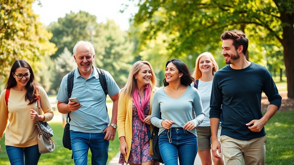 Diverse group of people in outdoor park setting, smiling, walking together, community connection and wellness lifestyle, natural daylight