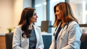 Professional woman in medical consultation with female doctor in modern Grand Rapids clinic, warm lighting, stethoscope visible, compassionate healthcare interaction, realistic photography