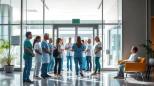 Modern medical facility entrance with welcoming glass doors, professional healthcare staff in scrubs greeting diverse patients, bright natural lighting, contemporary hospital architecture, peaceful waiting area with comfortable seating, warm professional atmosphere