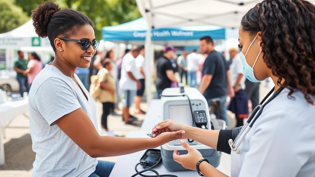 Patient receiving preventive health screening at wellness fair, nurse taking blood pressure, community health education event setup with informational booths, diverse attendees, bright daytime outdoor setting, modern portable medical equipment, friendly healthcare professionals