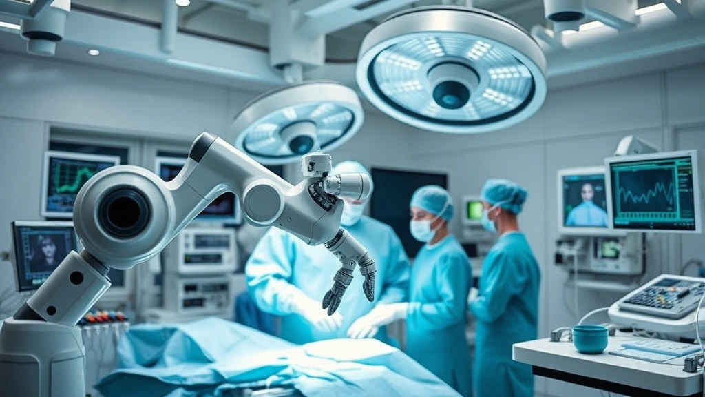 Advanced medical technology in action: surgeon with robotic surgical system, high-tech operating room with monitors and equipment, precision medical instruments, healthcare team in surgical attire, modern hospital setting, state-of-the-art medical facility interior