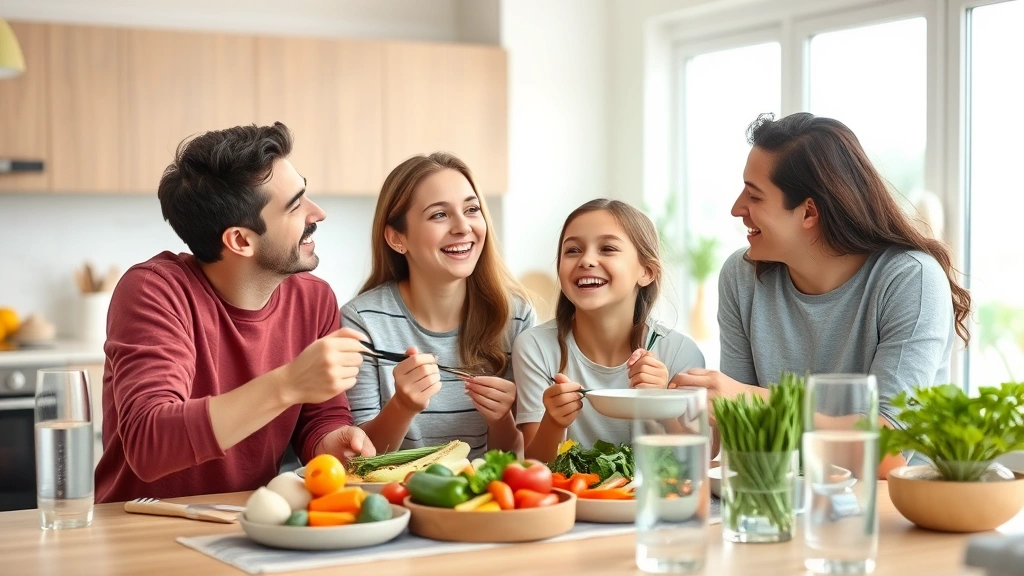 Young family laughing together at home having healthy meal, modern bright kitchen, fresh vegetables and water glasses on table, genuine happiness and wellness focus