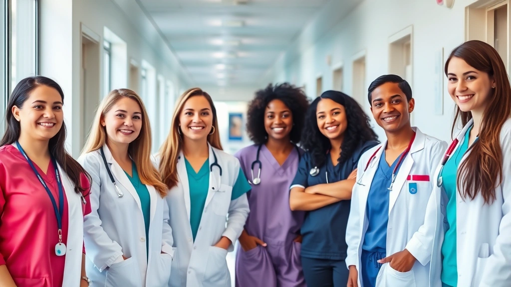 Professional diverse healthcare team in modern hospital corridor wearing scrubs and white coats, smiling and collaborating, natural lighting, contemporary medical facility interior