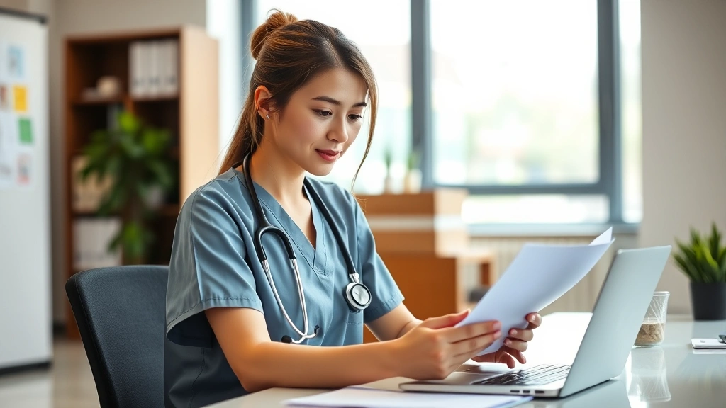 Young professional nurse or healthcare worker reviewing documents at desk in bright office, laptop open, focused and motivated, modern healthcare administrative setting