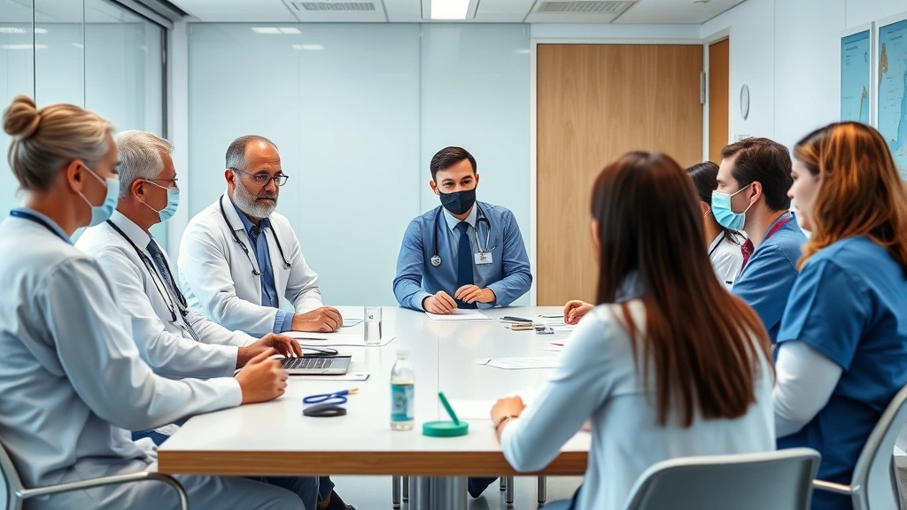 Diverse group of healthcare professionals in team meeting around conference table, discussing patient care strategies, collaborative environment, contemporary hospital office