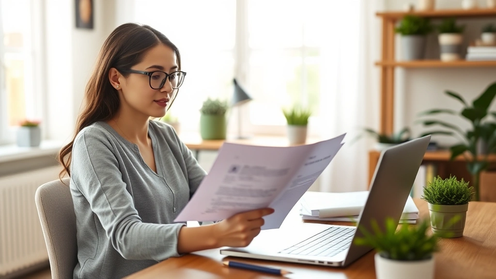Young woman reviewing health insurance documents at home office desk with laptop, morning light, wellness-focused environment