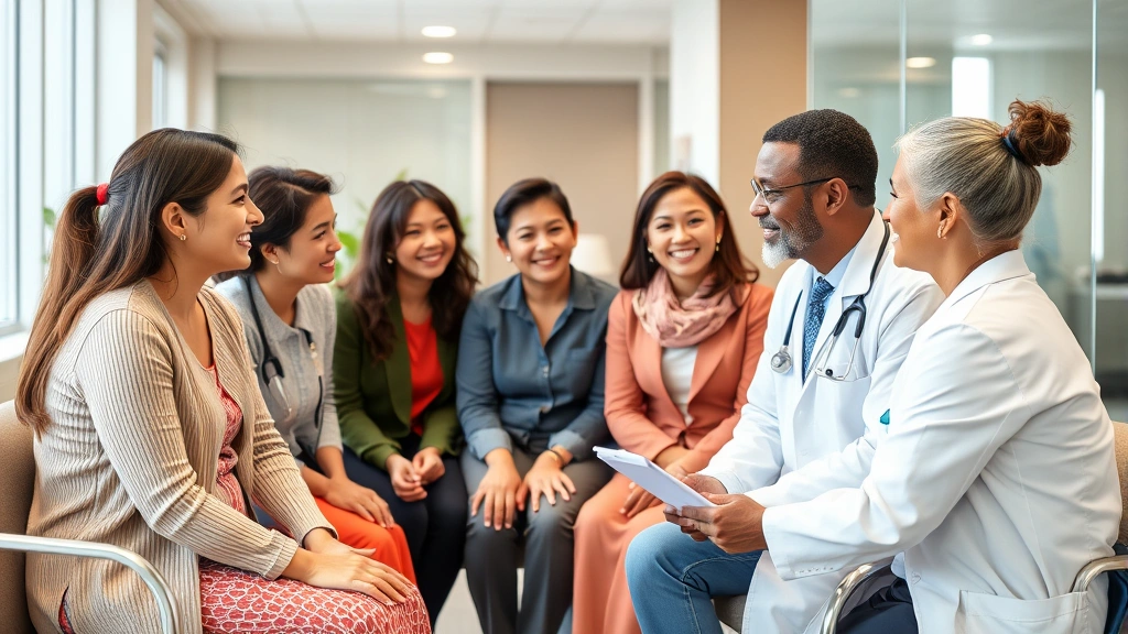 Diverse family group meeting with healthcare provider in modern clinic setting, friendly consultation atmosphere, professional medical environment