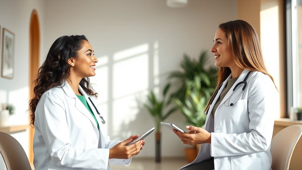 Diverse urban professional in bright, modern medical office receiving wellness consultation from friendly female doctor in white coat, natural lighting, warm and approachable atmosphere