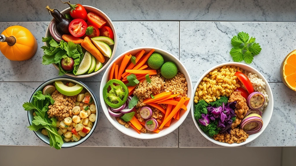 Overhead shot of colorful nutritious meal prep bowls with fresh vegetables, lean proteins, and whole grains on contemporary kitchen counter, vibrant and appetizing presentation