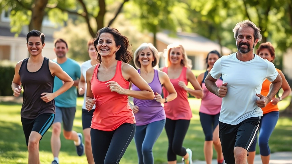 Group of diverse people of different ages and fitness levels exercising together in sunny neighborhood park, jogging and stretching, happy and supportive community wellness scene
