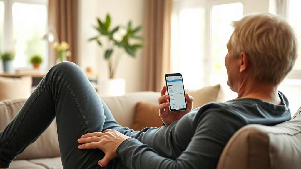 Relaxed patient using smartphone to check medical results on MyChart app while sitting on modern couch in bright living room with natural sunlight, warm and inviting atmosphere