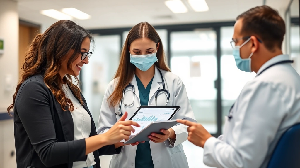 Professional woman in casual healthcare setting reviewing health metrics on tablet device with provider, collaborative conversation, modern clinic interior with clean design