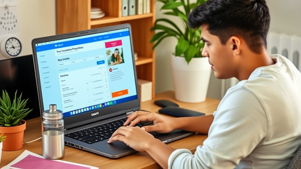 Young adult at home laptop managing prescriptions and appointments through MyChart portal, organized desk space with wellness elements like plants and water bottle nearby