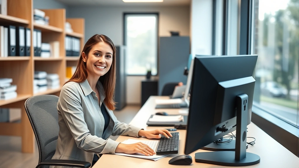 Professional woman at desk managing patient files and computer systems in modern medical office, organized workspace with filing cabinets, natural lighting, confident expression