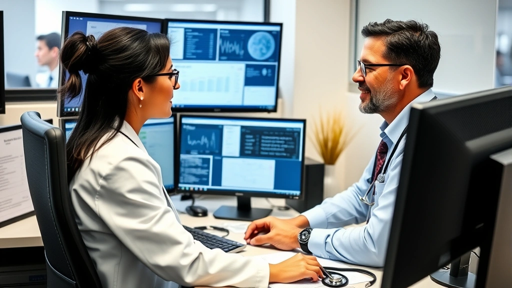 Health administrator reviewing electronic health records on multiple monitors at desk, focused expression, modern office technology, stethoscope visible on desk corner, organized workspace