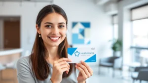 Young professional woman smiling while holding a blue and white health alliance card in modern medical office setting with natural lighting and contemporary furniture