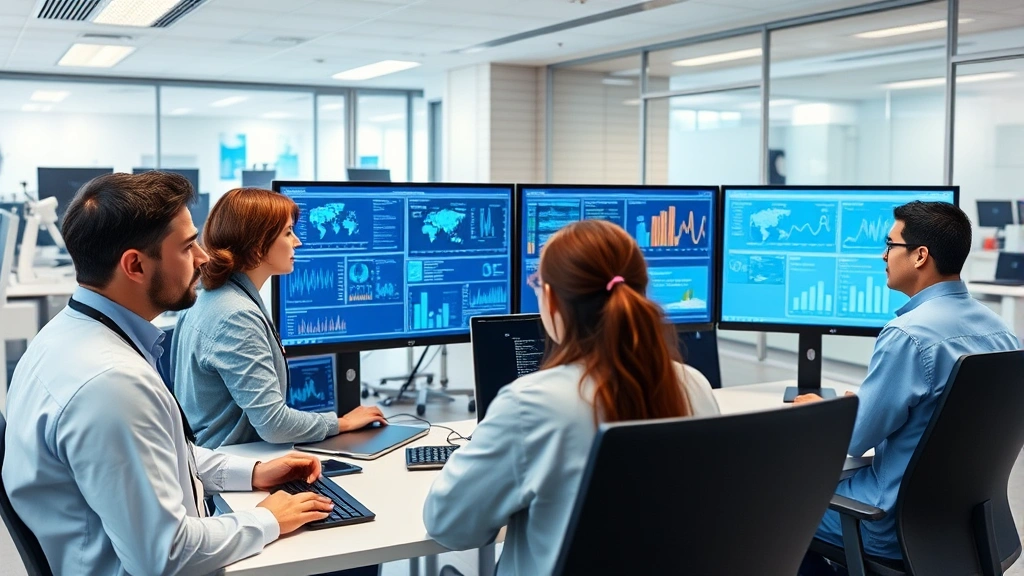 Professional healthcare IT team collaborating in modern hospital IT department with multiple monitors displaying health data dashboards and electronic health records systems