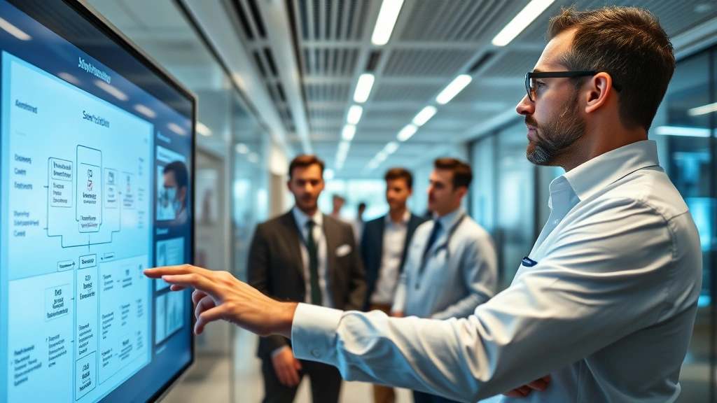 Male health IT architect in modern healthcare facility reviewing system architecture diagrams on large digital display with colleagues in background, sophisticated technical environment