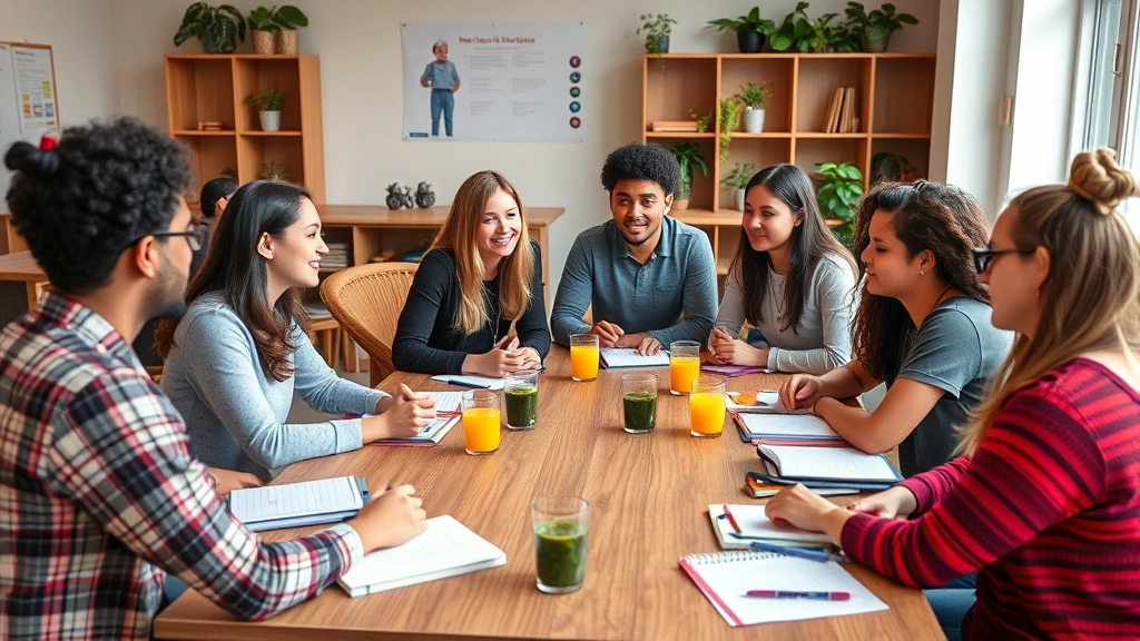 Diverse group of students in collaborative learning environment, discussing health concepts and lifestyle design, seated around wooden table with notebooks and healthy refreshments