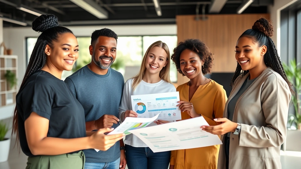 Young diverse professionals in modern wellness center, smiling while reviewing health charts and wellness programs, natural lighting, collaborative workspace atmosphere