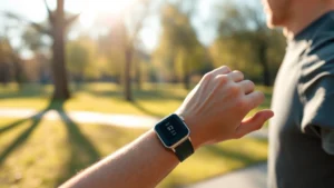 Person wearing advanced smartwatch during morning jog in sunlit park, checking heart rate metrics, athletic wear, natural lighting, lifestyle photography