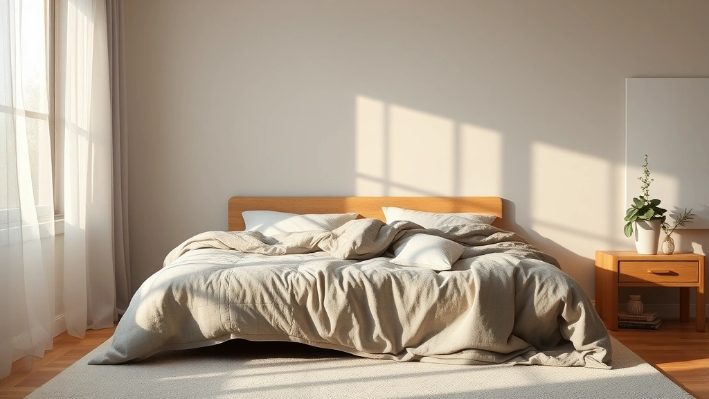 Serene bedroom scene with weighted blanket draped over bed, soft morning light through sheer curtains, peaceful ambiance, minimalist decor, photorealistic