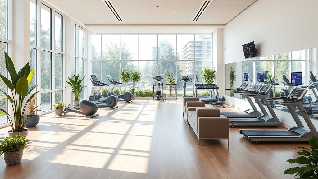 Modern bright wellness facility interior with natural light, contemporary fitness equipment, welcoming reception area with comfortable seating, plants, and floor-to-ceiling windows overlooking gardens