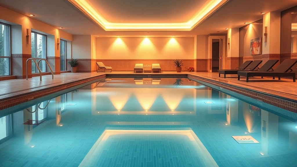 Serene indoor heated swimming pool with crystal clear water, spa ambiance with soft lighting, wellness amenities visible in background, peaceful relaxation area with lounge chairs