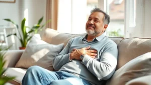 Person sitting peacefully on a cozy couch in natural sunlight, hand on chest, calm expression, serene home environment with plants and soft textures, embodying relief and tranquility