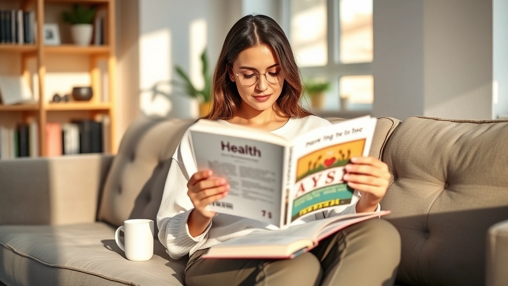 Woman reading health book on modern minimalist couch with warm natural lighting, coffee cup nearby, comfortable home library setting, peaceful focused expression, morning wellness routine aesthetic