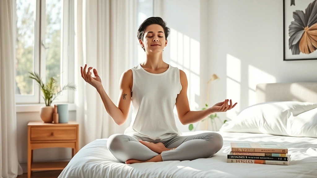 Person meditating in bright sunlit bedroom with health books on nightstand, peaceful morning routine, wellness lifestyle, serene expression, natural light through windows, modern bedroom decor