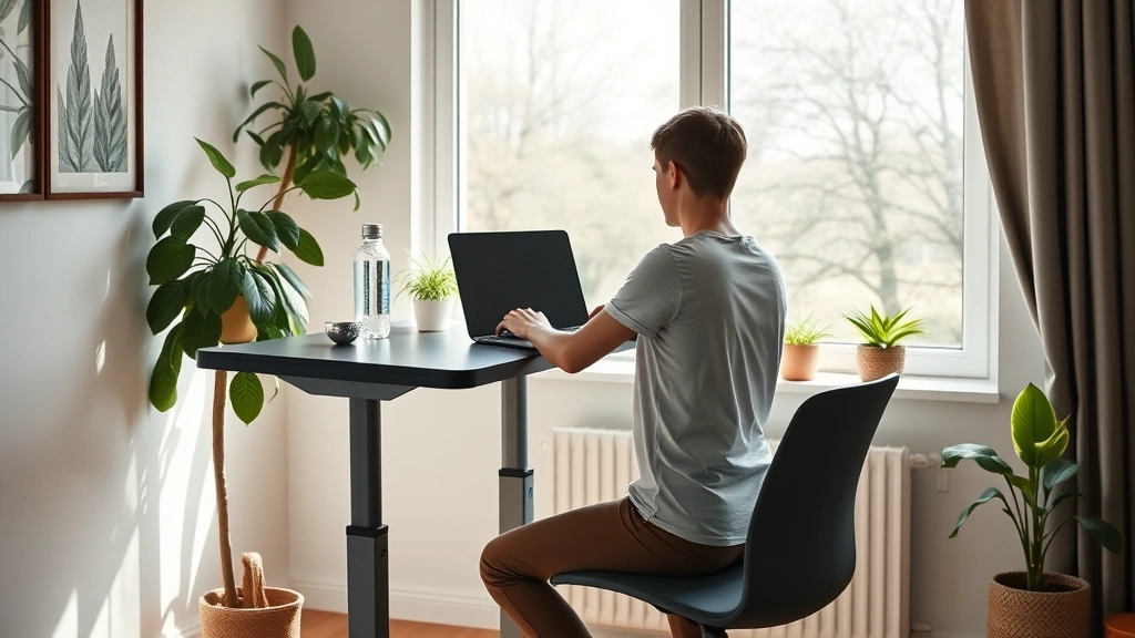 Serene home workspace with standing desk, water bottle, green plants, natural light from large window, minimalist organized desk with health journal and healthy snack bowl, person sitting in ergonomic posture