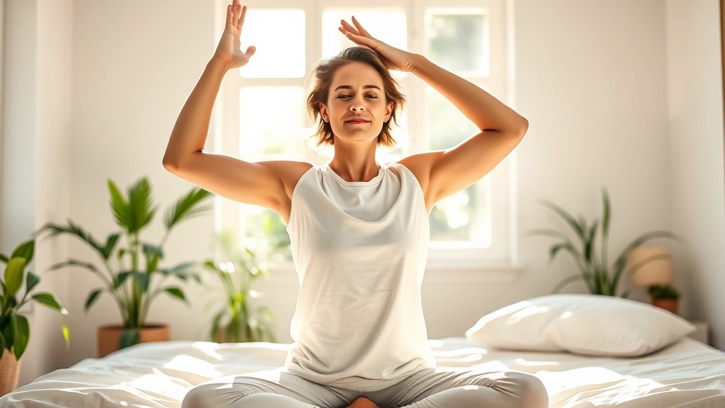 Person doing morning yoga stretching in bright bedroom, sunlight streaming through windows, calm bedroom environment with plants, soft bedding, white walls, peaceful expression on face