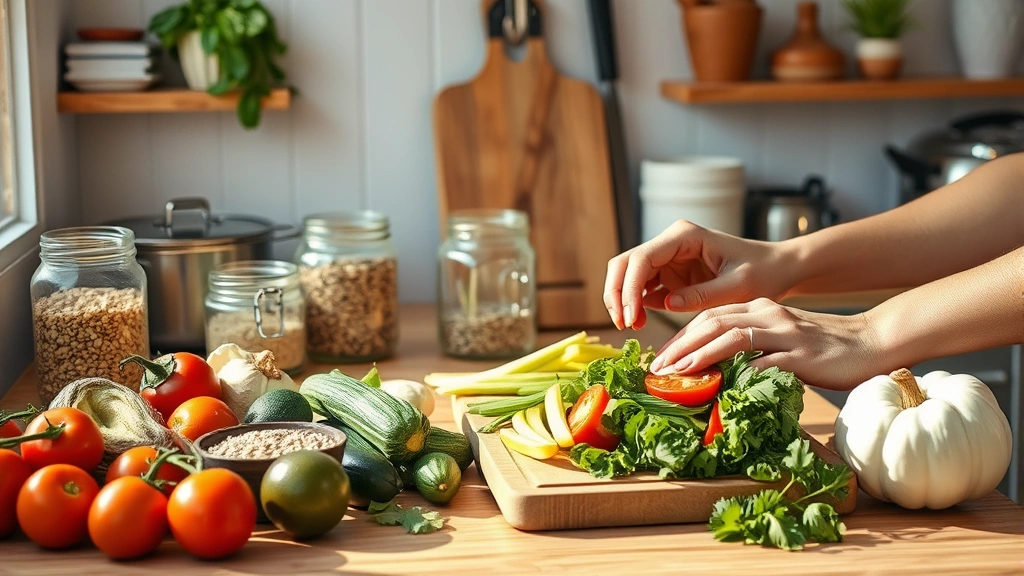 Colorful kitchen counter with fresh vegetables, cutting board, whole grains in glass jars, herbs, quality cookware, natural morning light, hands preparing a healthy meal with vibrant ingredients