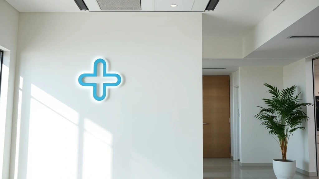 Modern minimalist medical clinic logo featuring soft blue and warm gray colors, displayed on white wall in contemporary healthcare office reception area, natural lighting, professional atmosphere
